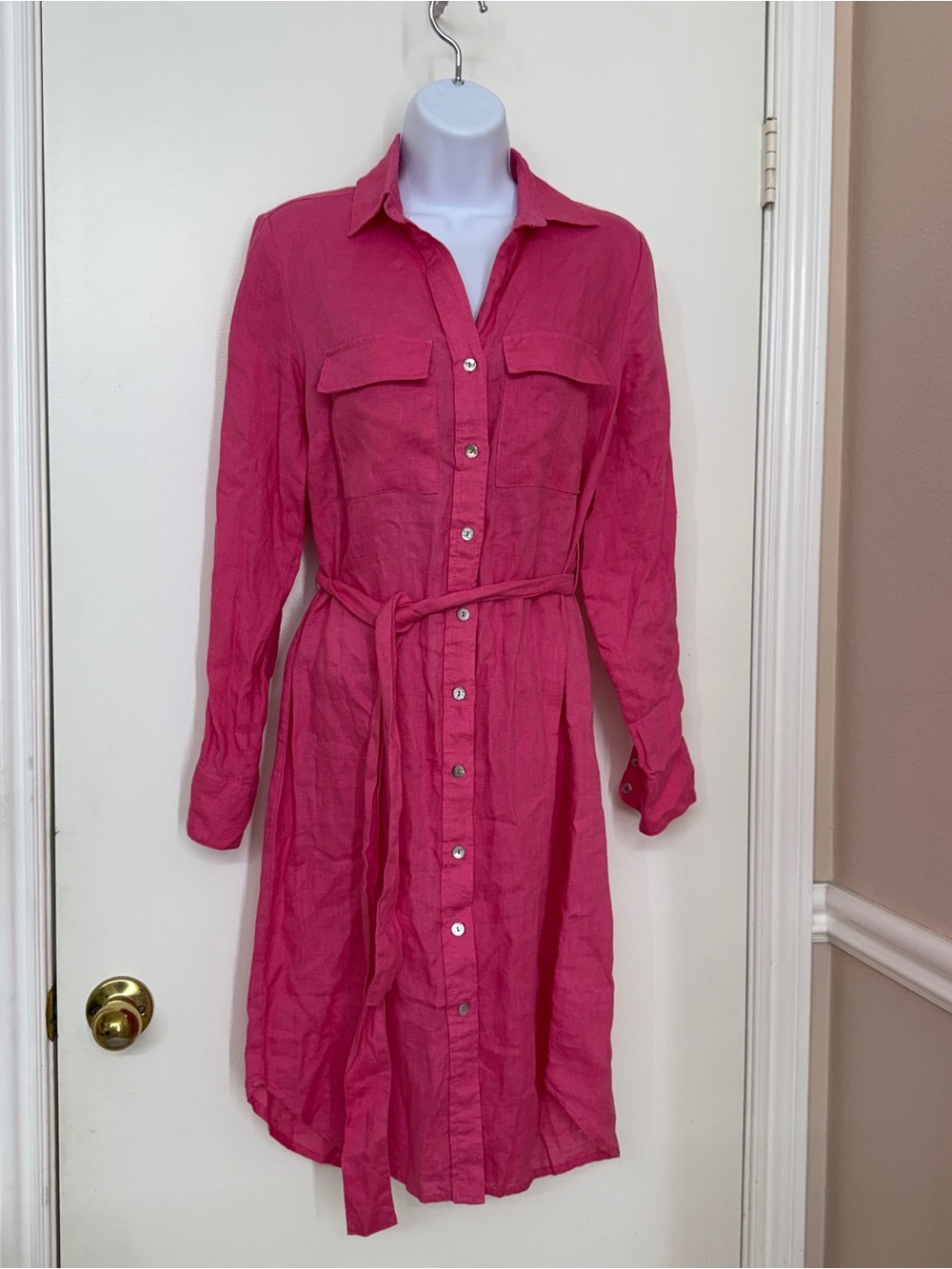 Magaschoni 100% Linen Belted Shirt Dress Women XS Pink Fuchsia Midi Safari Work